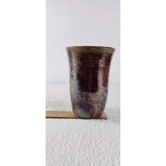 Raku Art Vase Brown Iridescent Tones Textured Rustic Tumbler Thrown Pottery 5.5" - Picture 15 of 15